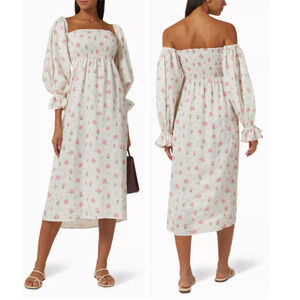 NWT Sleeper Atlanta Rose Off-Shoulder Smocked Sundress White/Pink Women's S/M